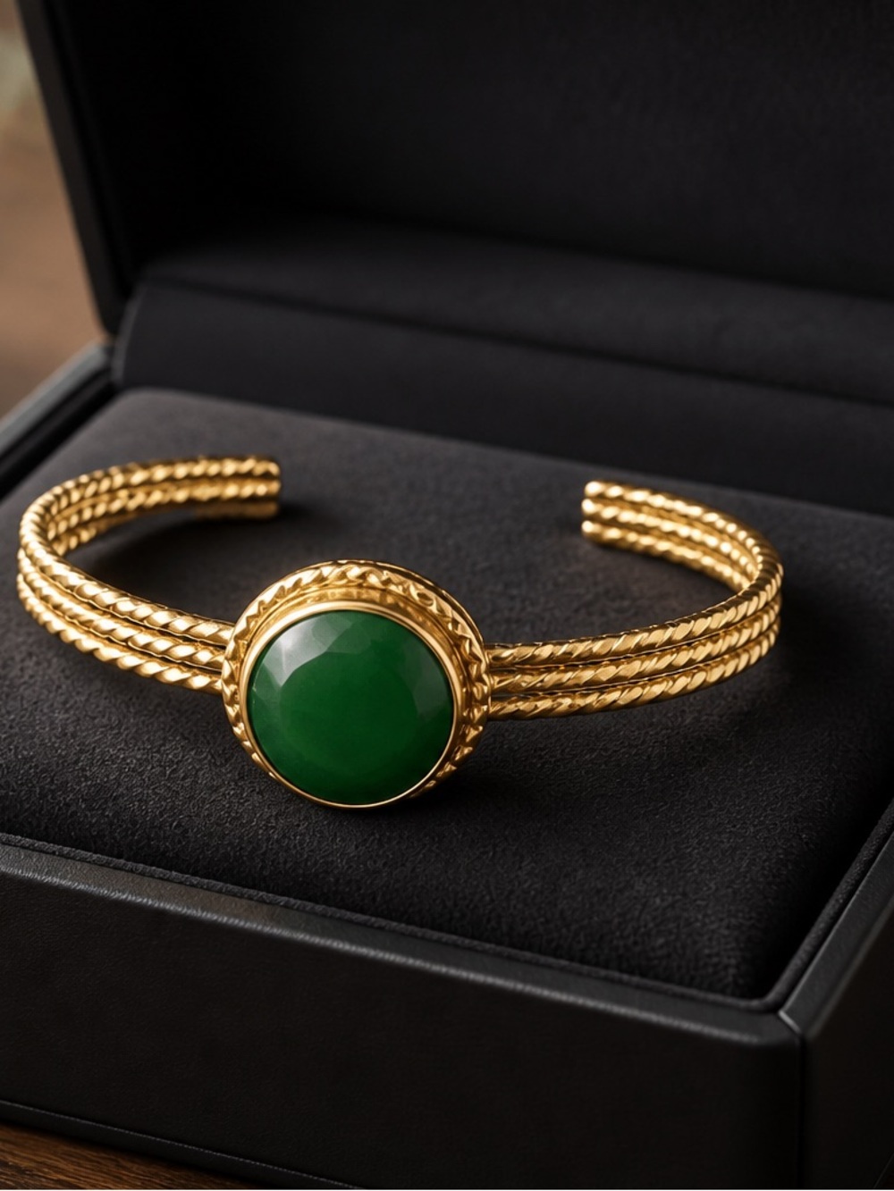 Gold Cuff Bracelet with Green agate 
Stone - Women's Jewelry